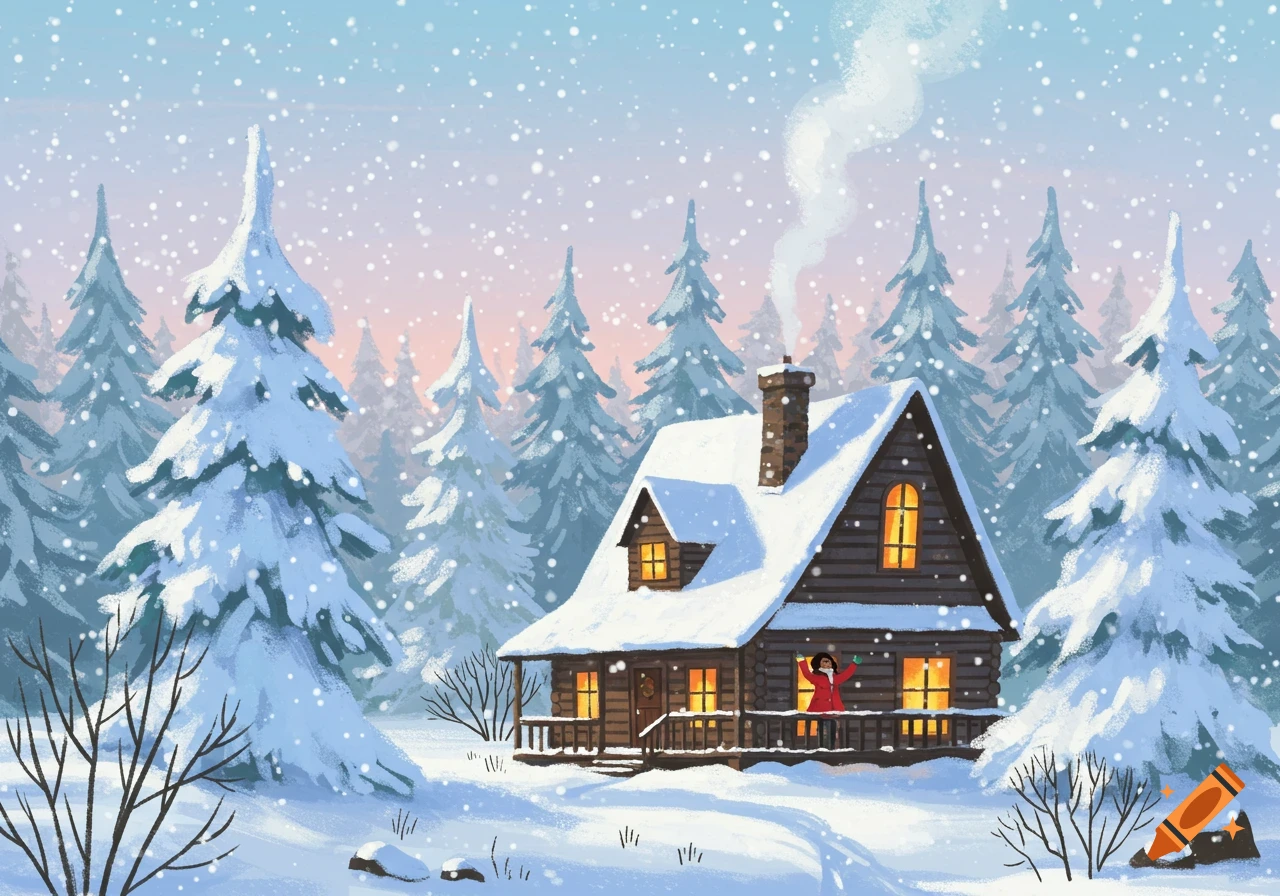 An illustration of a log cabin in a snowy forest at sunset, with snow falling and a person on the porch.