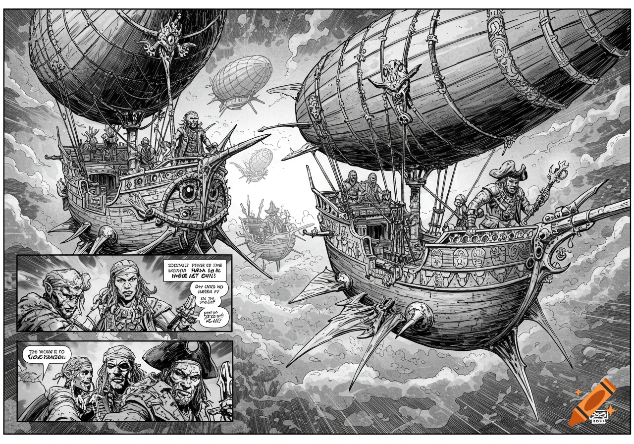 Black and white comic book illustration of airship pirates flying in steampunk airships.