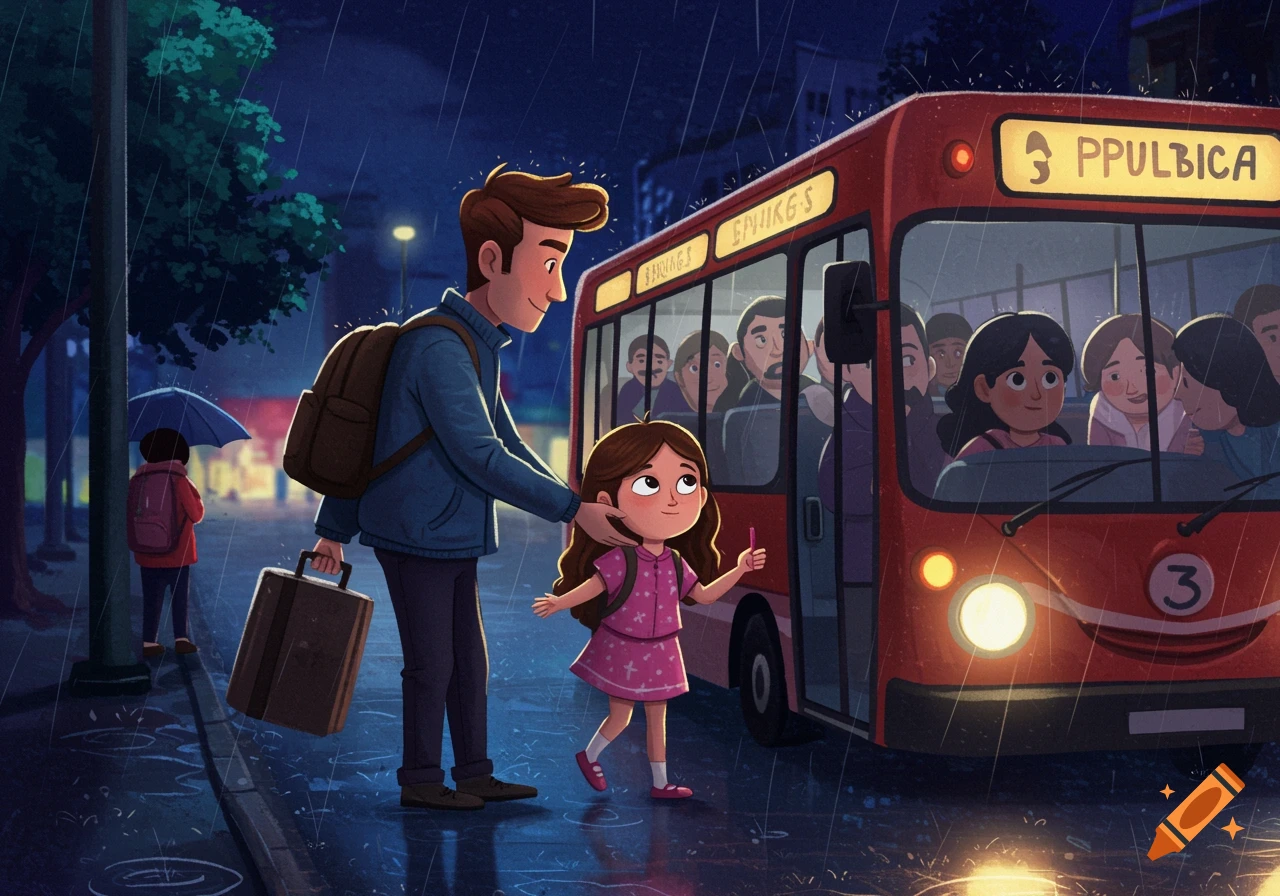 Cartoon illustration of a father and daughter getting on a bus in the rain at night.