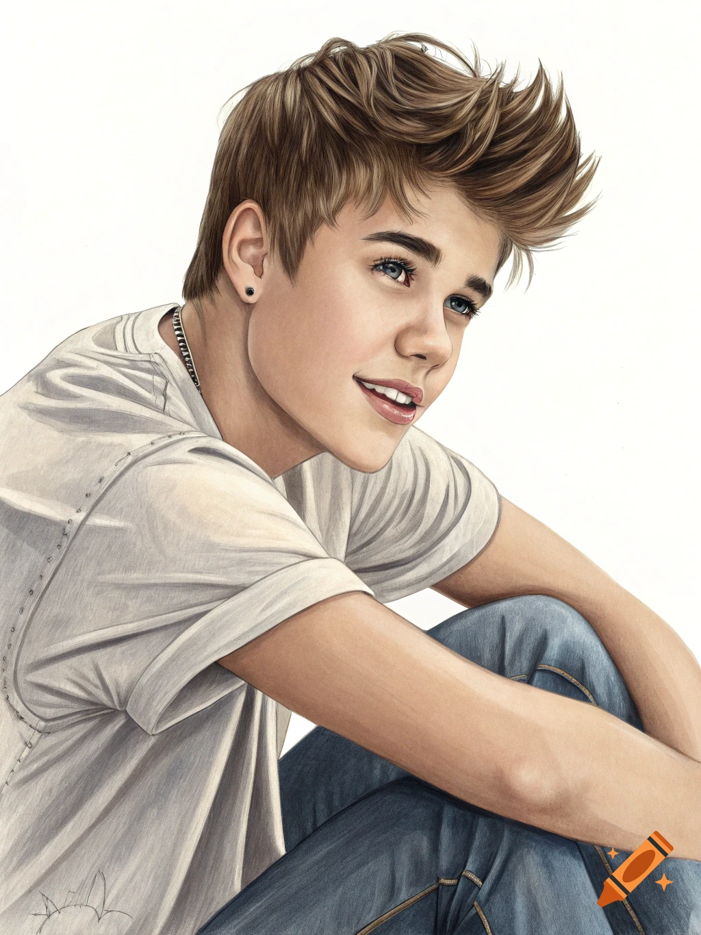 Realistic drawing portrait of a young man with light brown hair and blue eyes, wearing a white t-shirt.