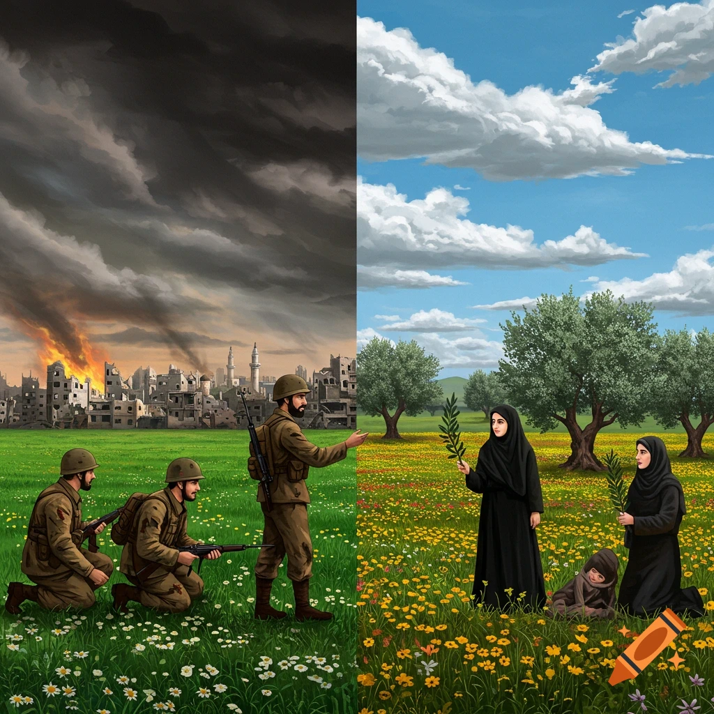 A split image contrasting war and peace, showing soldiers in a destroyed city on the left and civilians with olive branches in a field on the right.