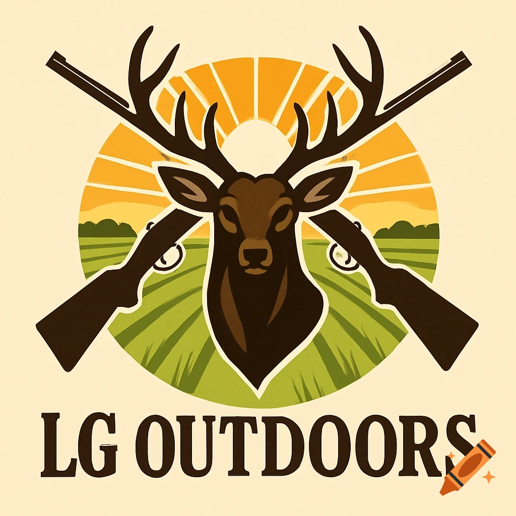 Logo with deer head, crossed rifles, field, and sunrise background, text reads 'LG OUTDOORS'.