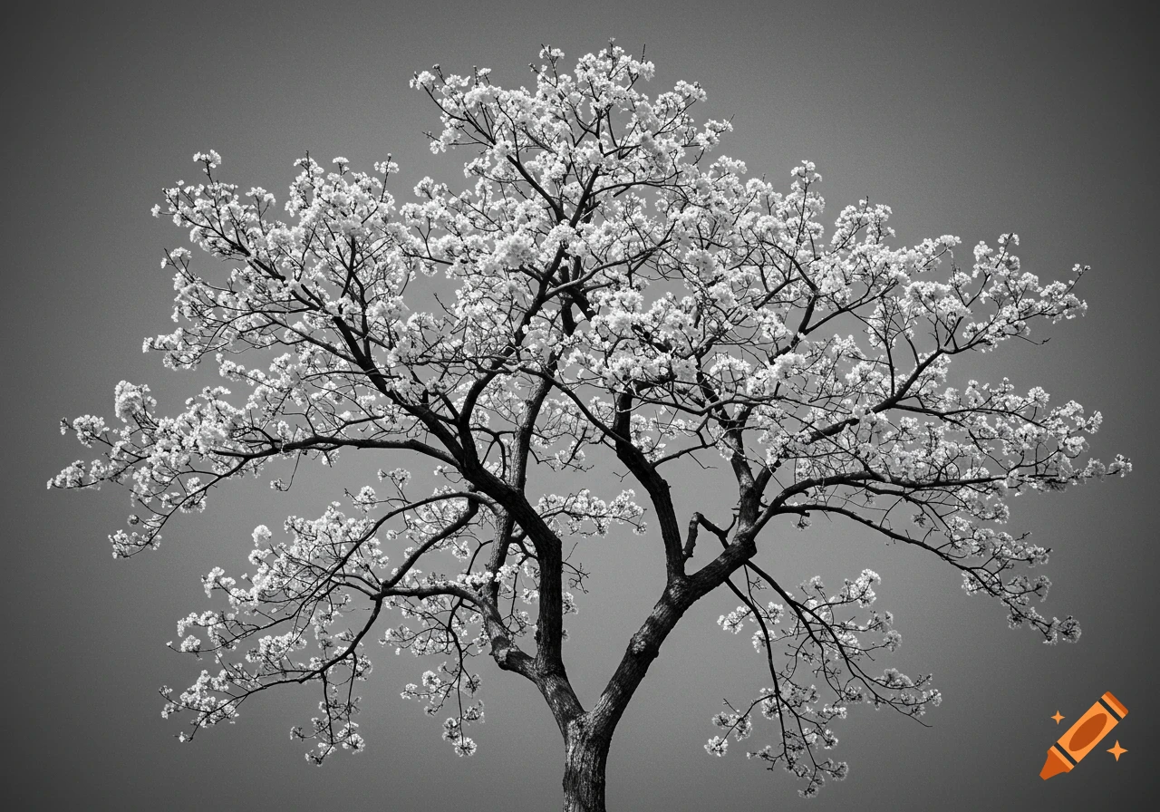 Black and white photo of a tree with white blossoms