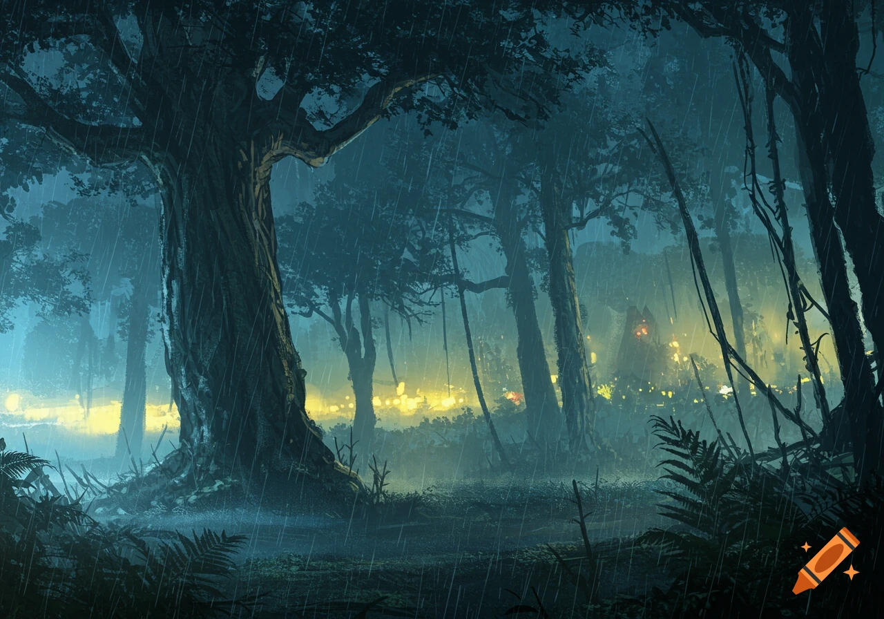 A dark forest scene during a rainstorm with lights glowing in the background.