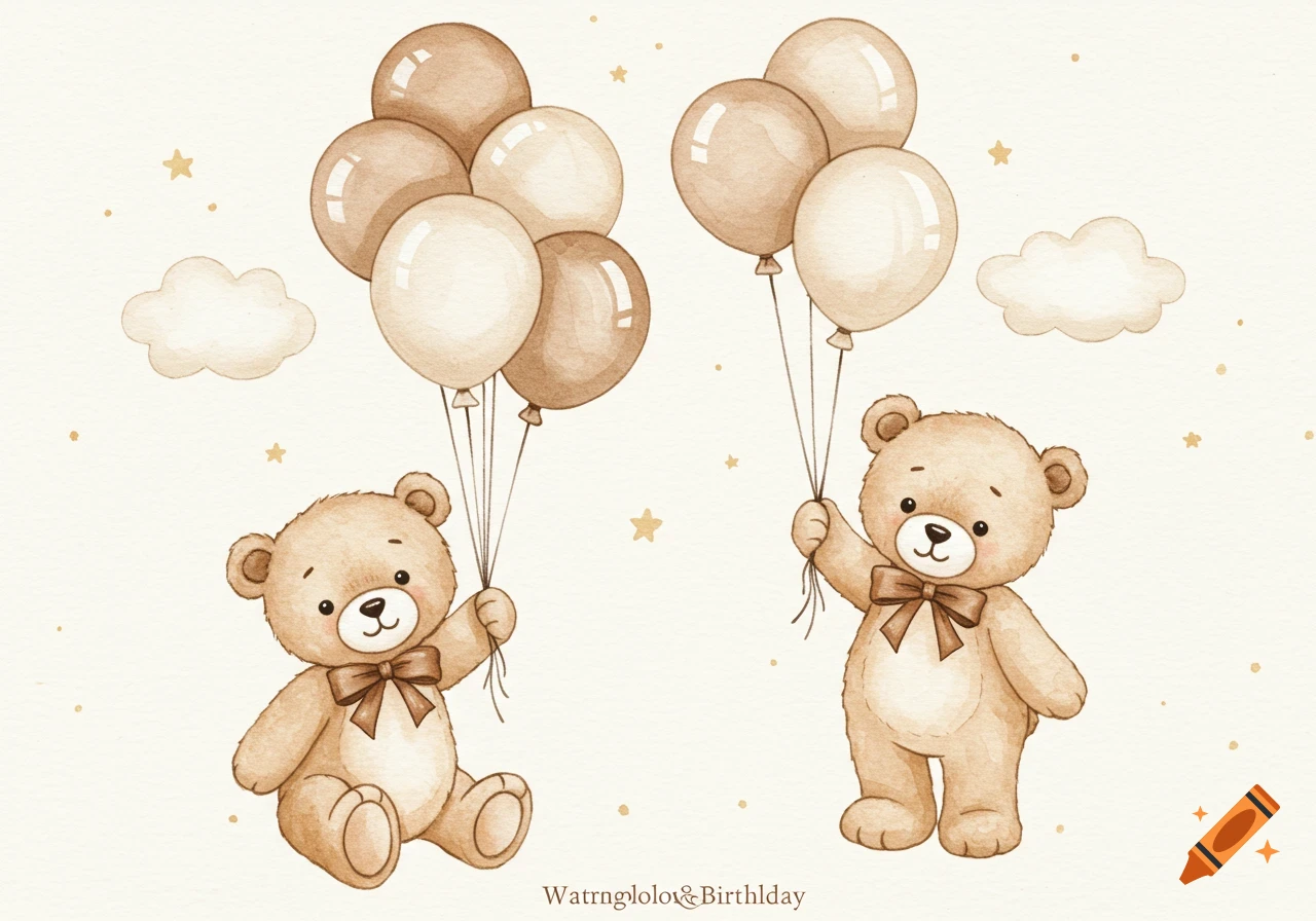 Watercolor illustration of two teddy bears holding balloons among stars and clouds.