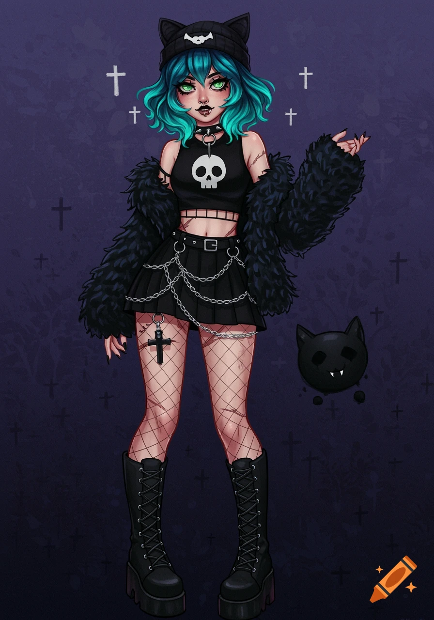 Illustration of a goth girl with teal hair, skull crop top, fishnets, platform boots, and cat beanie.