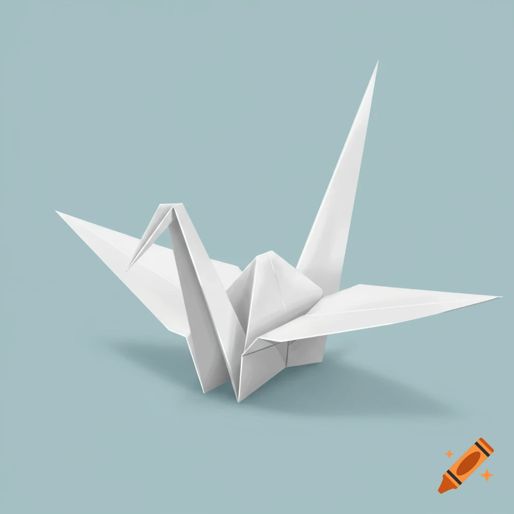 A white paper origami crane against a light blue background.