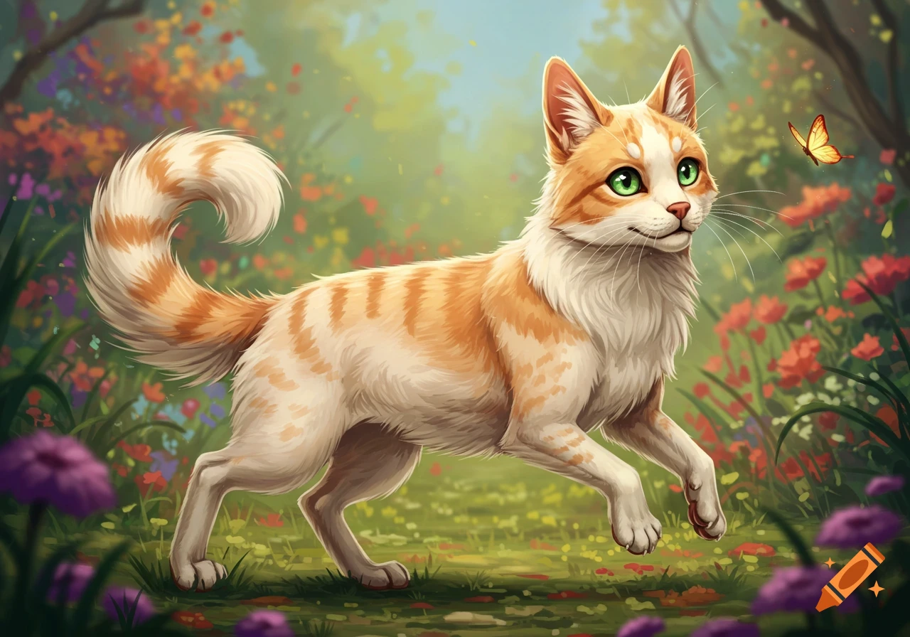 An orange and white cat watches a butterfly in a colorful garden illustration.
