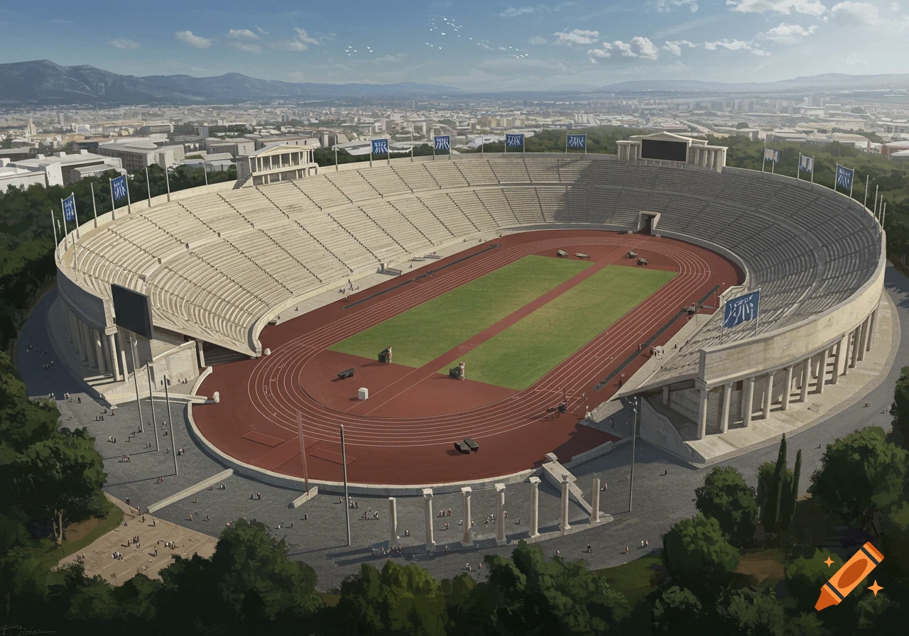 Birds-eye view of a large ancient-style stadium with a track and field.