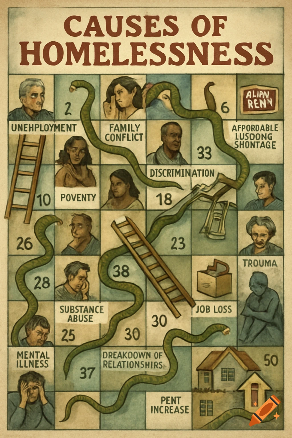An illustrated board game based on Snakes and Ladders, showing causes of homelessness like poverty and job loss on the squares, with snakes and ladders connecting them.