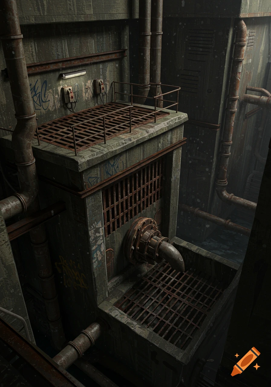 A detailed view of a dark, rusty industrial drainage structure with pipes, grates, and graffiti on concrete walls.