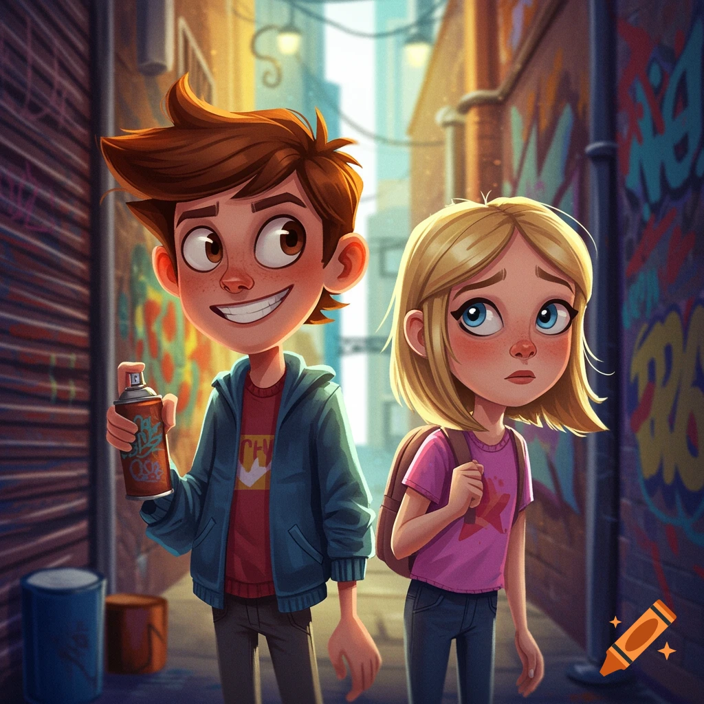 Cartoon image of two kids, a boy with a spray can and a girl, standing in a graffiti-covered alley.