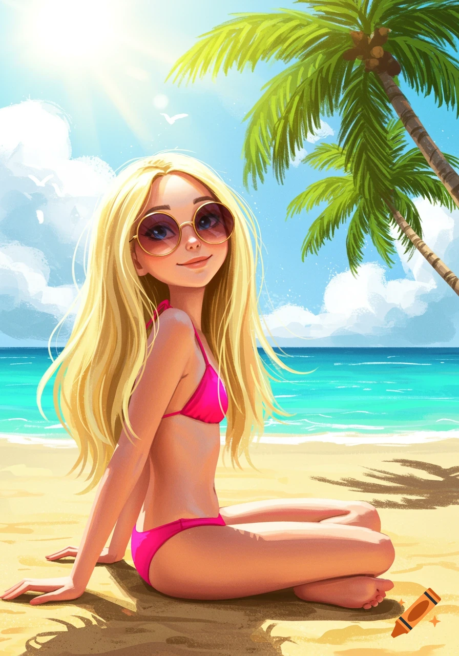 Blonde girl in pink bikini sits on beach under palm trees, illustration
