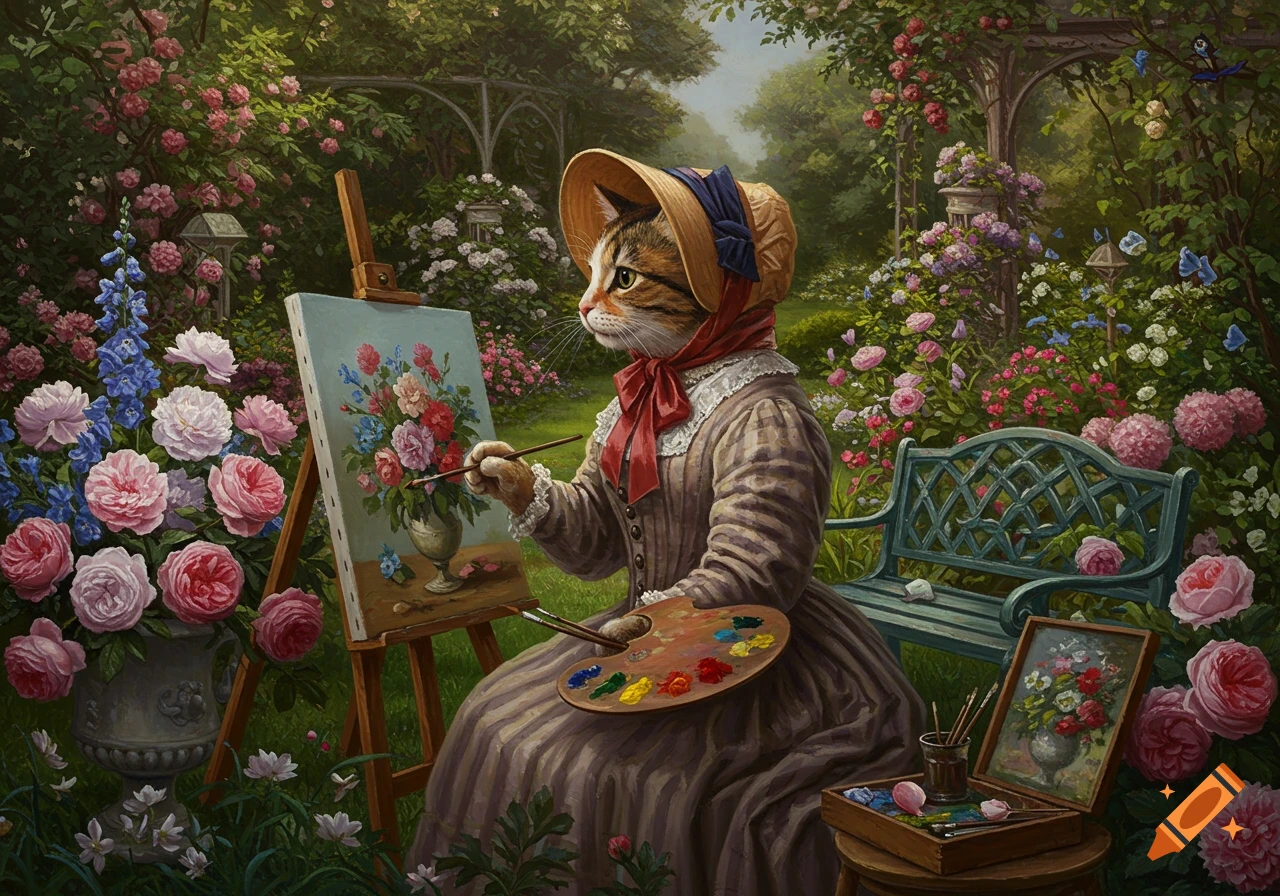 A cat in Victorian clothes painting a floral still life on an easel in a lush garden.