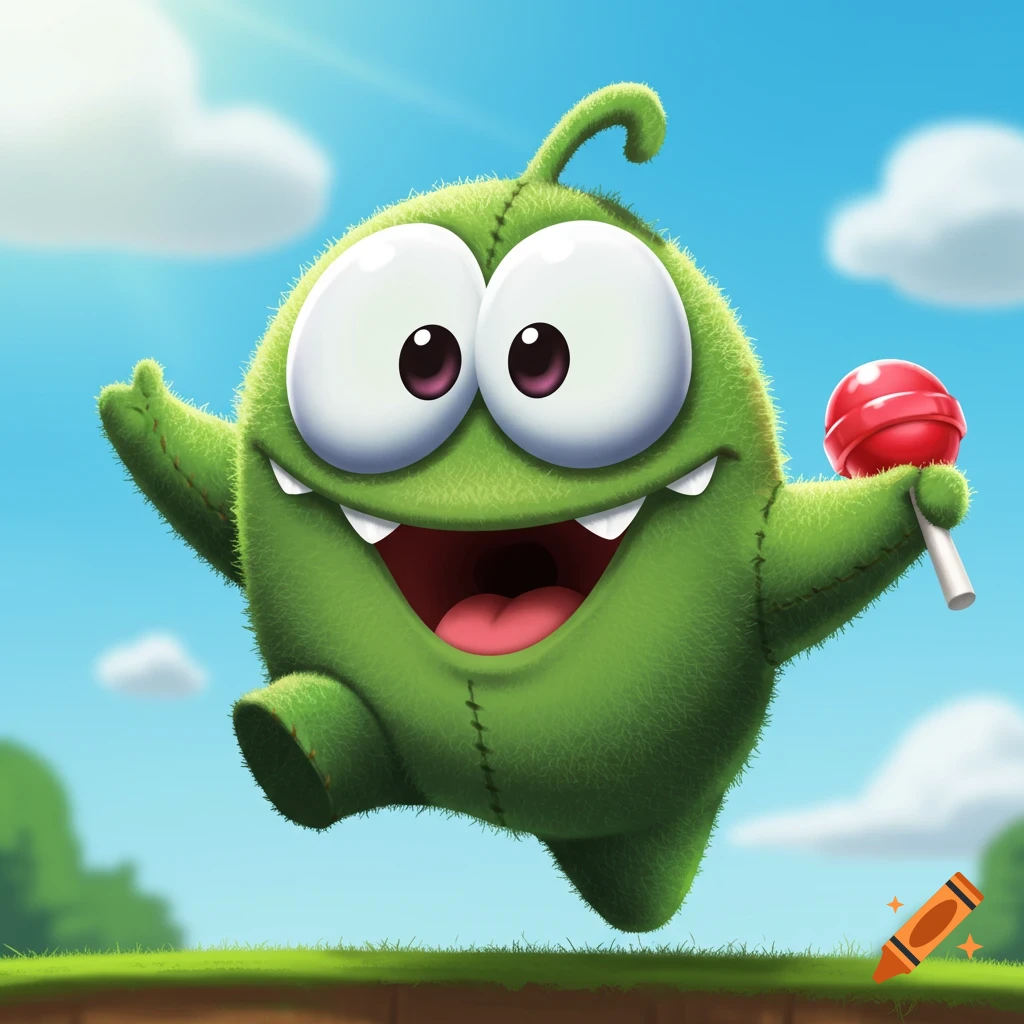 Cartoon Om Nom jumping with a lollipop