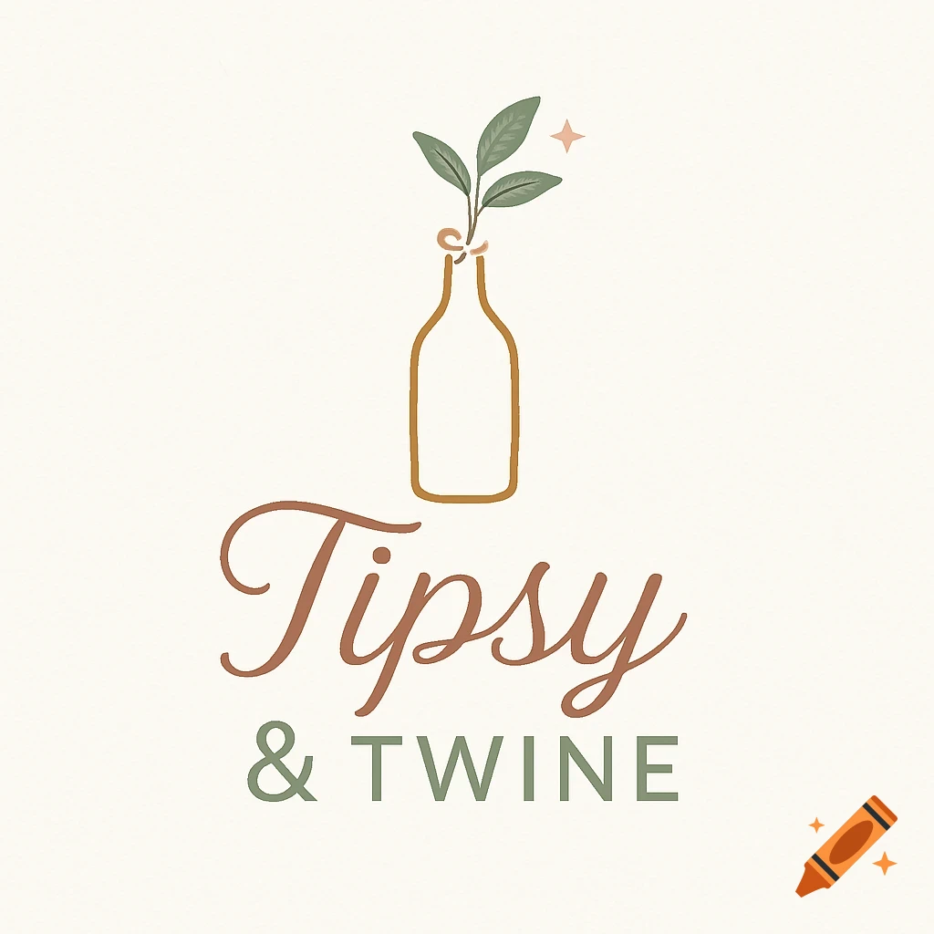 Logo with stylized bottle, leaves, and text Tipsy & Twine.