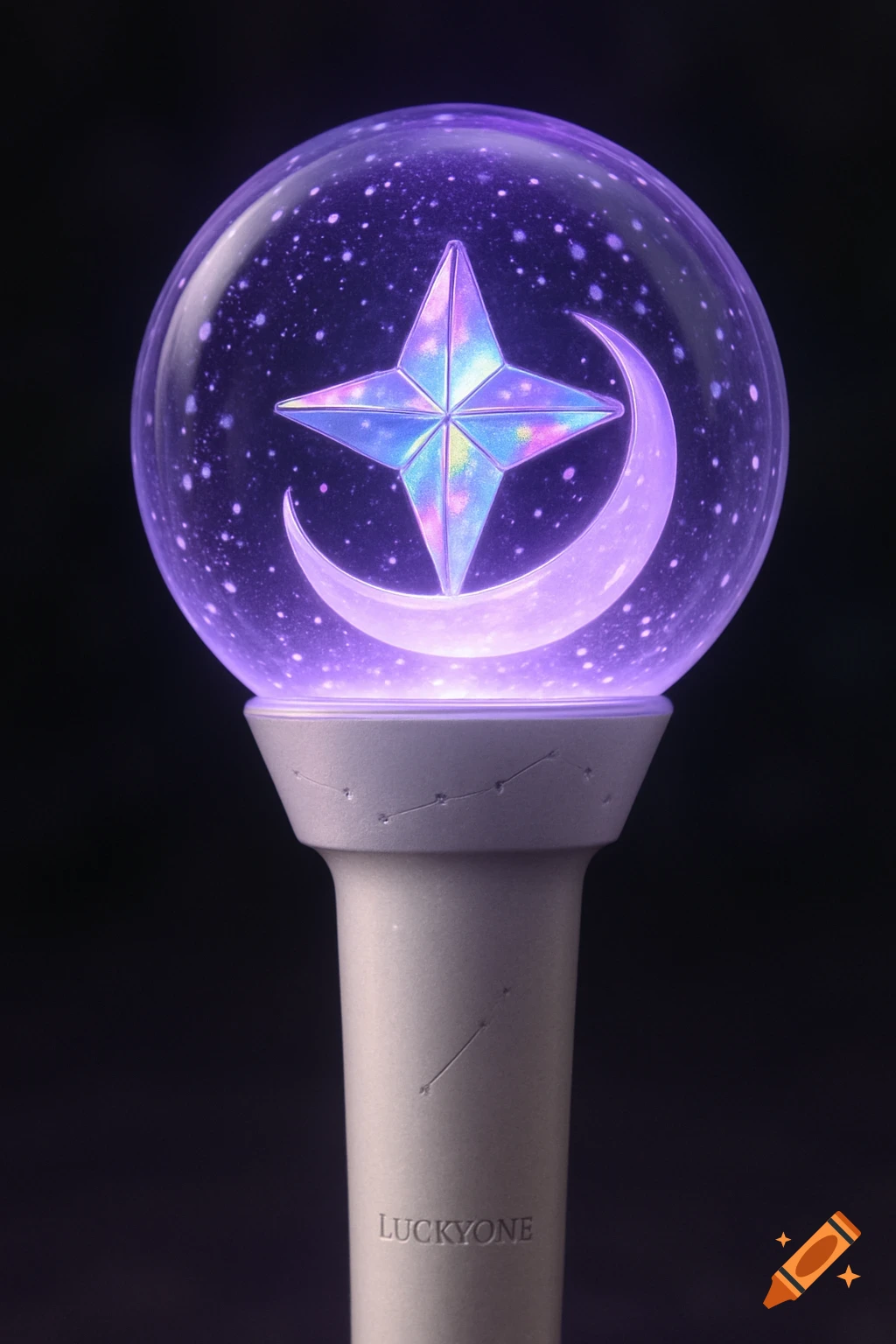 Kpop lightstick with purple glow, star, moon, and glitter inside a dome, handle has 'LUCKYONE' text.
