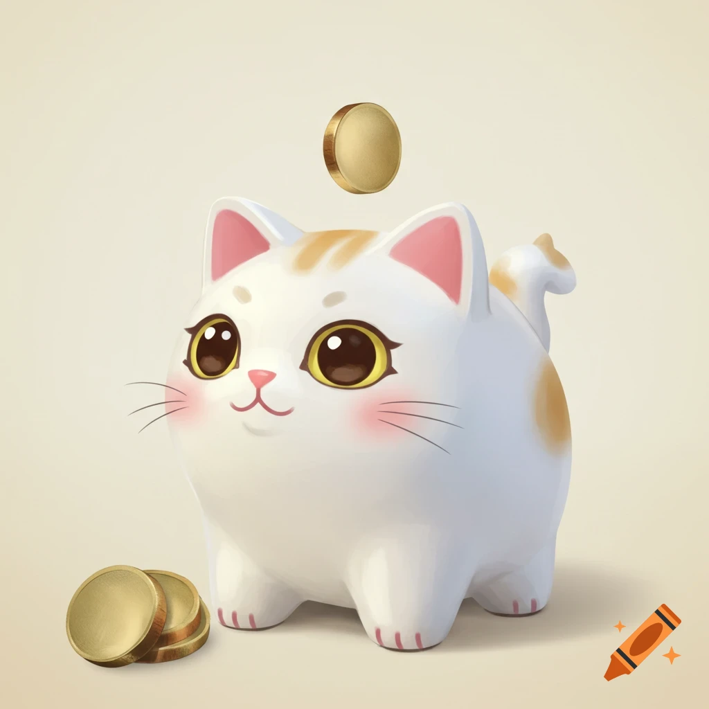 A stylized white cat piggy bank with orange spots and stripes, with golden coins.