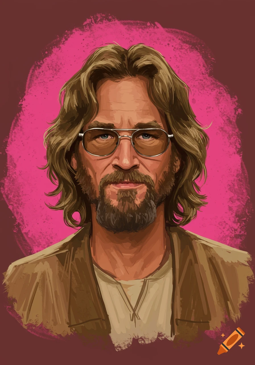 Stylized portrait of a man with long hair, beard, and sunglasses against a pink and brown background.