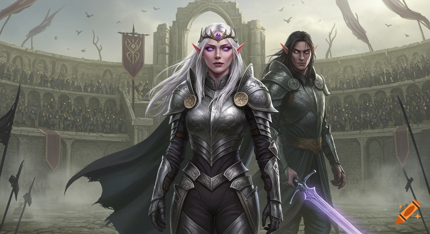 Two elves in detailed armor stand in a vast ancient arena with a crowd watching in a cinematic fantasy illustration.