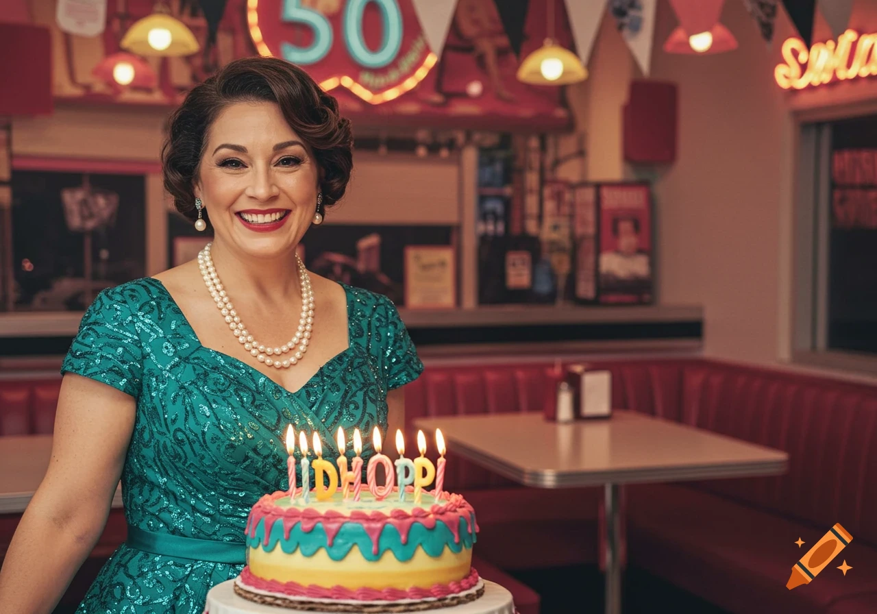 Woman in a sparkly dress smiles behind a birthday cake with lit candles in a retro diner.