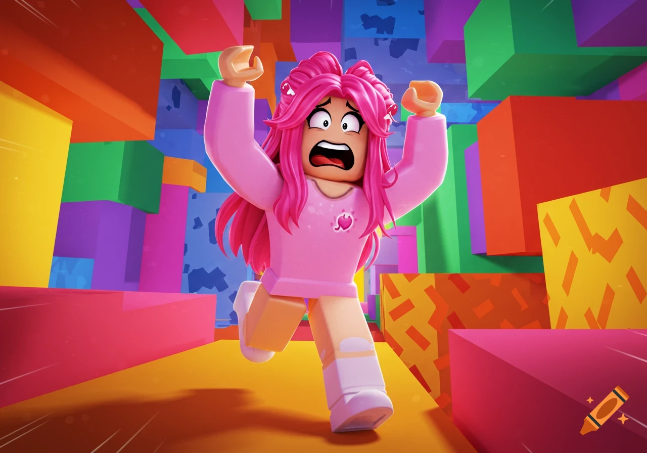 A Roblox character with pink hair runs in fear through a colorful maze of blocks.