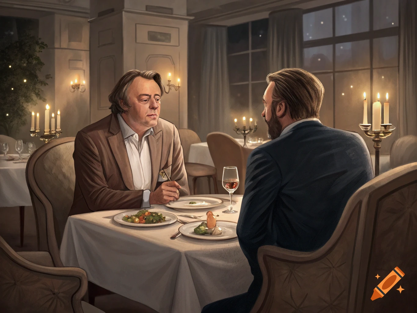 Two men have dinner in a candlelit restaurant, painted style.