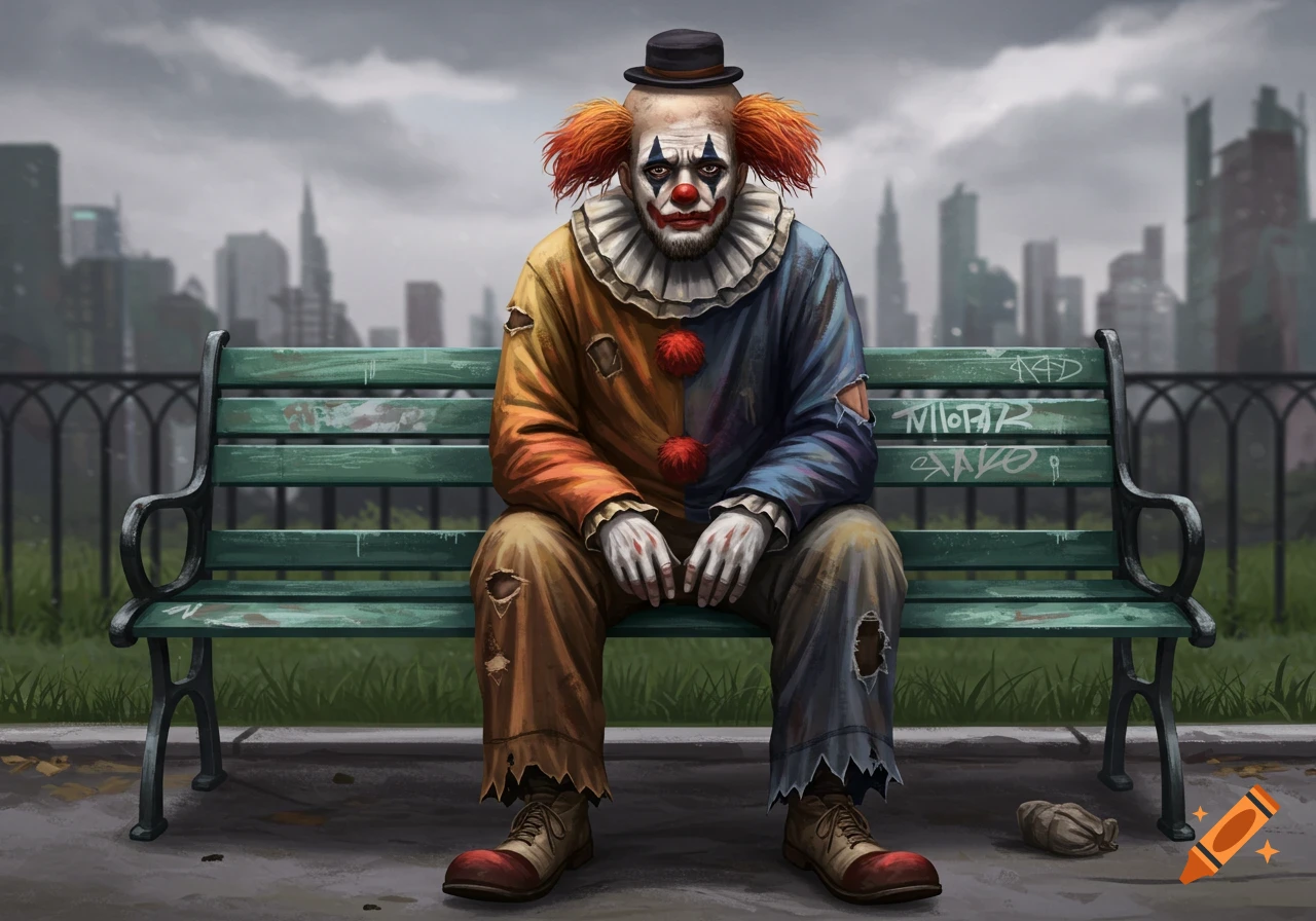 Sad clown sits on a park bench in front of a city skyline.