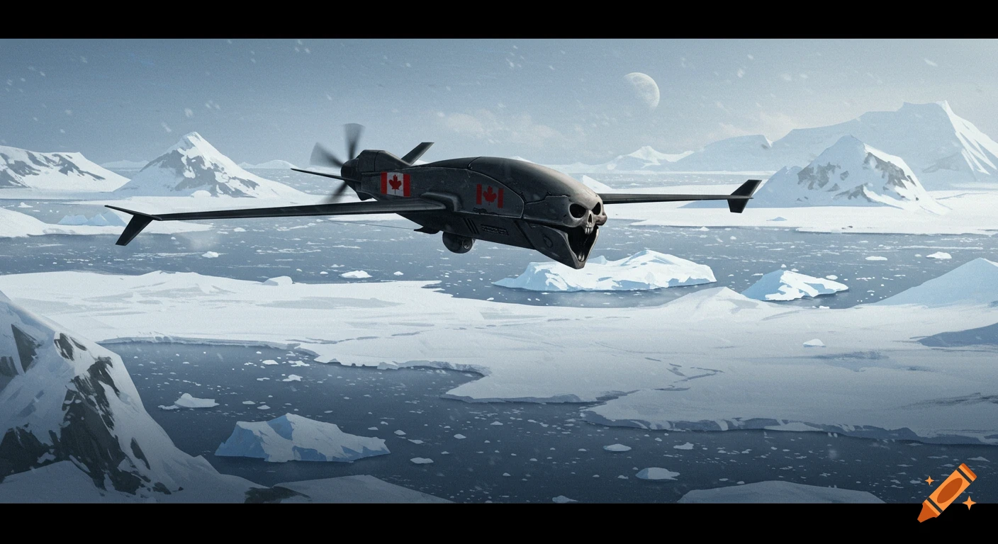 Reaper-like drone with Canadian flags flying over icy arctic landscape.