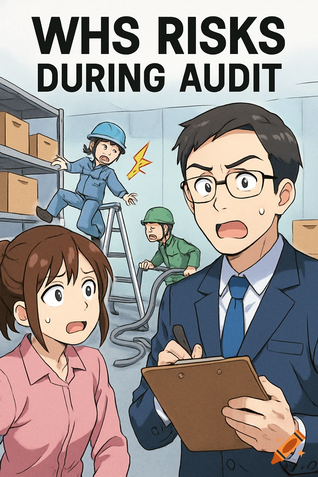 Anime illustration: Worker falling from ladder during WHS audit. Text: WHS RISKS DURING AUDIT.