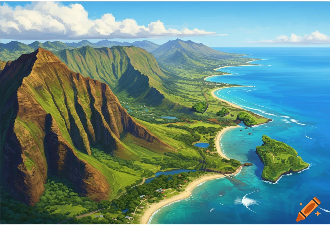 Digital painting of a lush green mountainous coastline with sandy beaches and clear blue ocean under a cloudy sky.