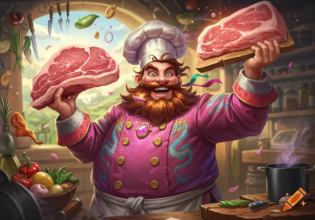 A fantasy chef in a pink coat holds up two cuts of raw meat.