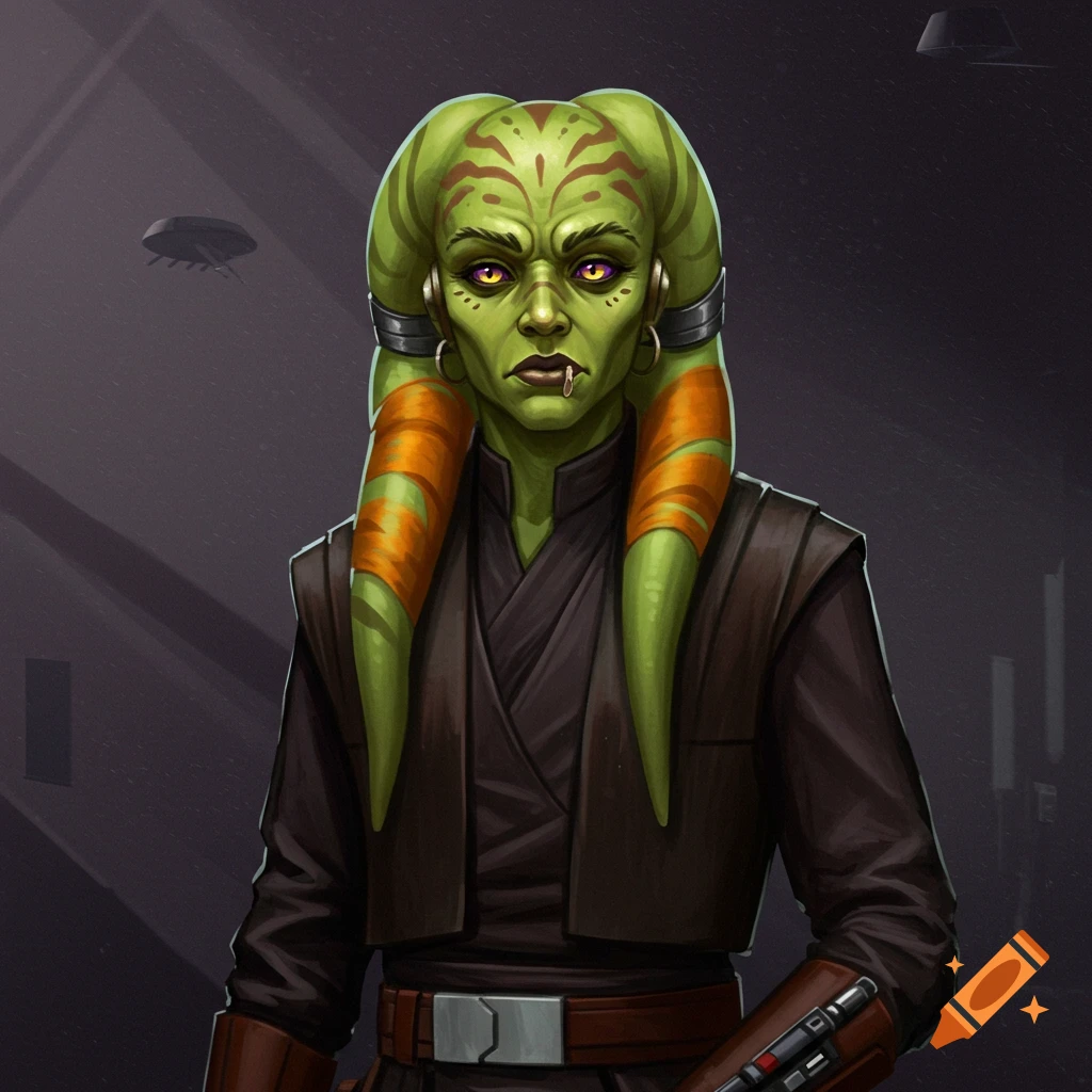 Digital painting portrait of a green-skinned alien with orange wrapped head-tails and piercing yellow eyes, wearing dark clothing.