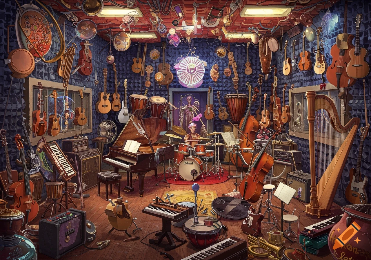 A cluttered soundproof room packed with diverse musical instruments, including pianos, guitars, drums, and strings, with a person playing drums.