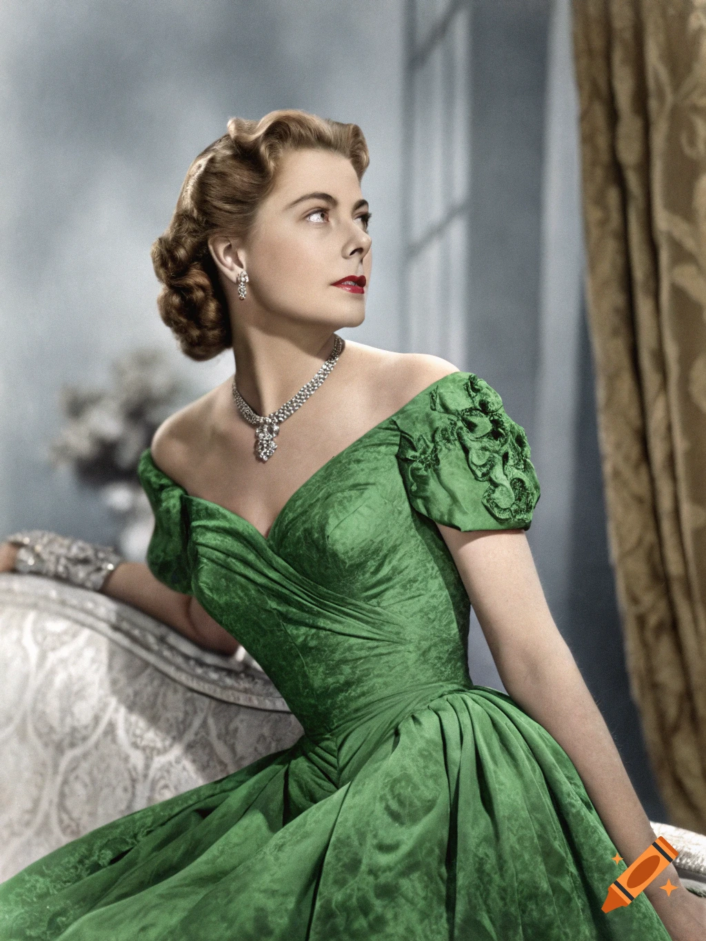 Portrait of woman in a green dress and sparkling jewelry, looking away, vintage style