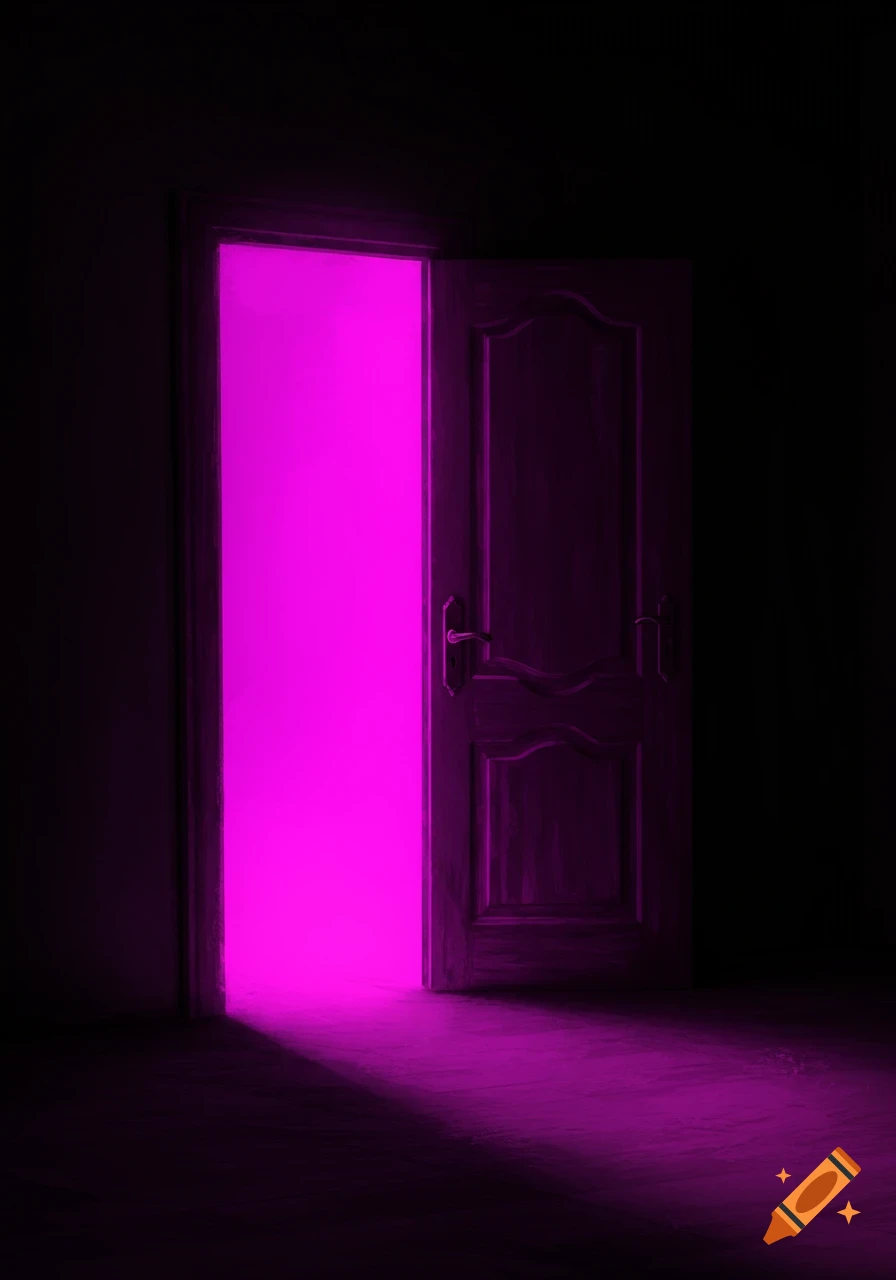 An open door in a dark room reveals bright purple light spilling onto the floor.