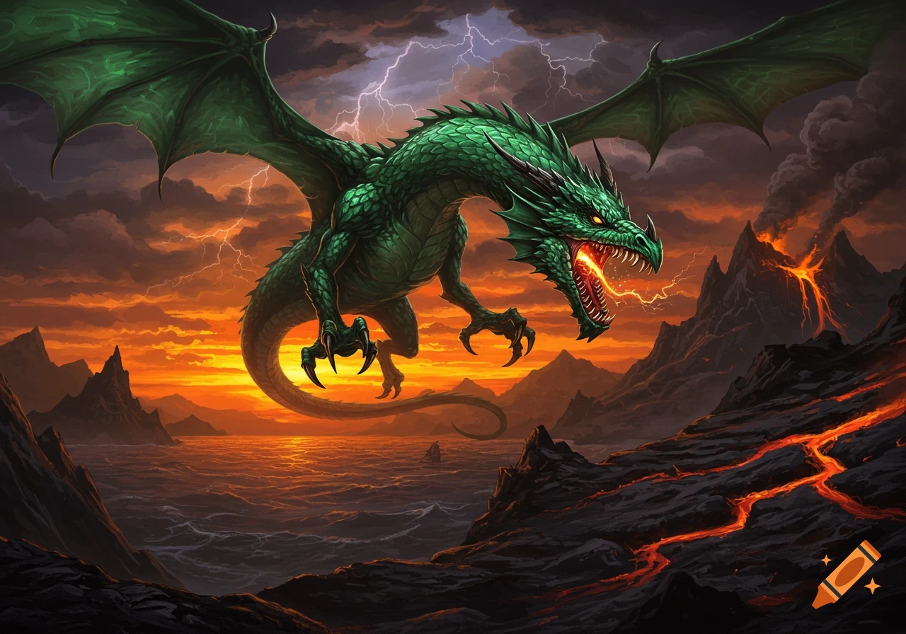 Dramatic painting of a green dragon flying over a volcanic landscape at sunset with lightning.