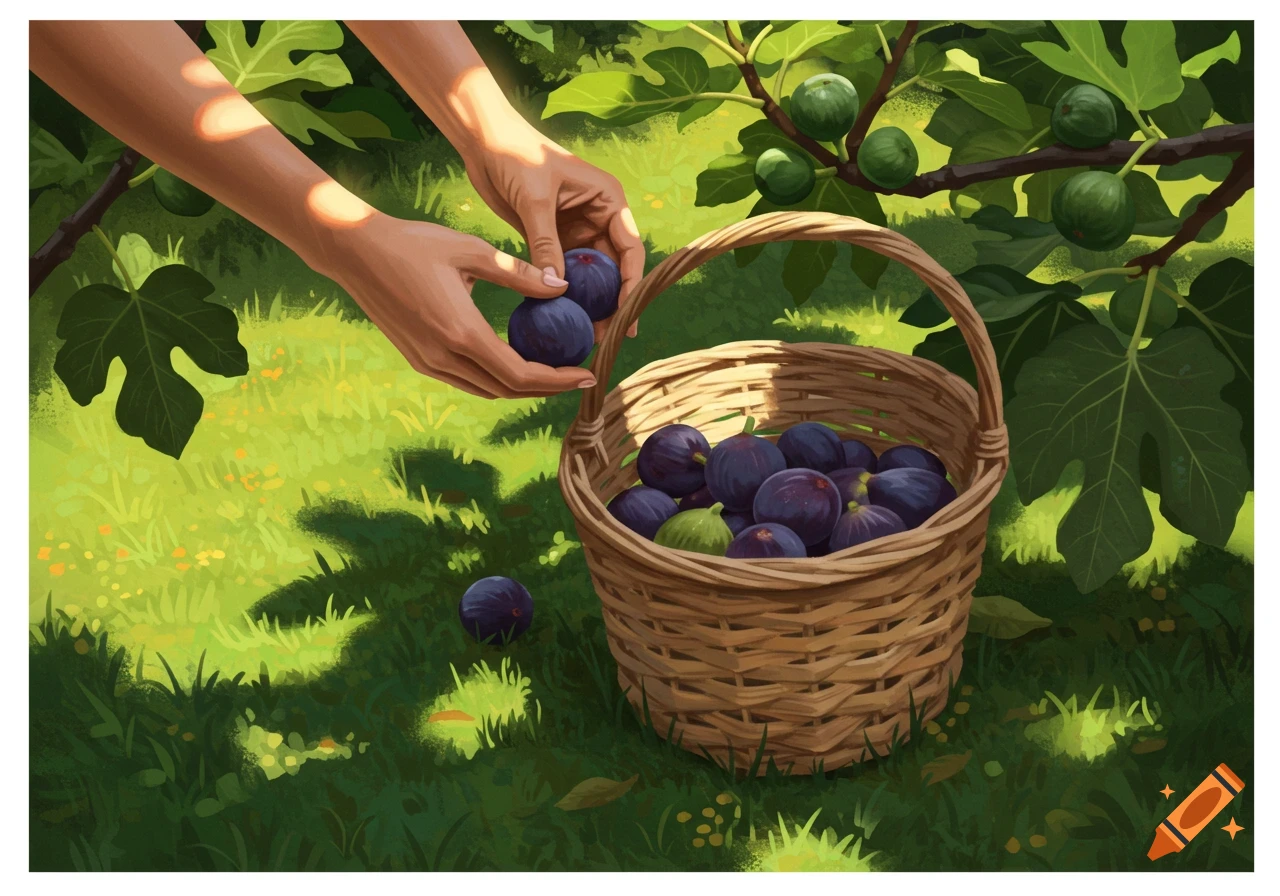 Hands picking purple figs into a basket in a sunny garden. Illustration style.