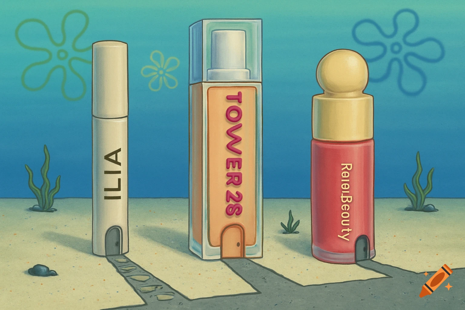 Three cosmetic bottles stand on the ocean floor like houses in a Spongebob Squarepants style.