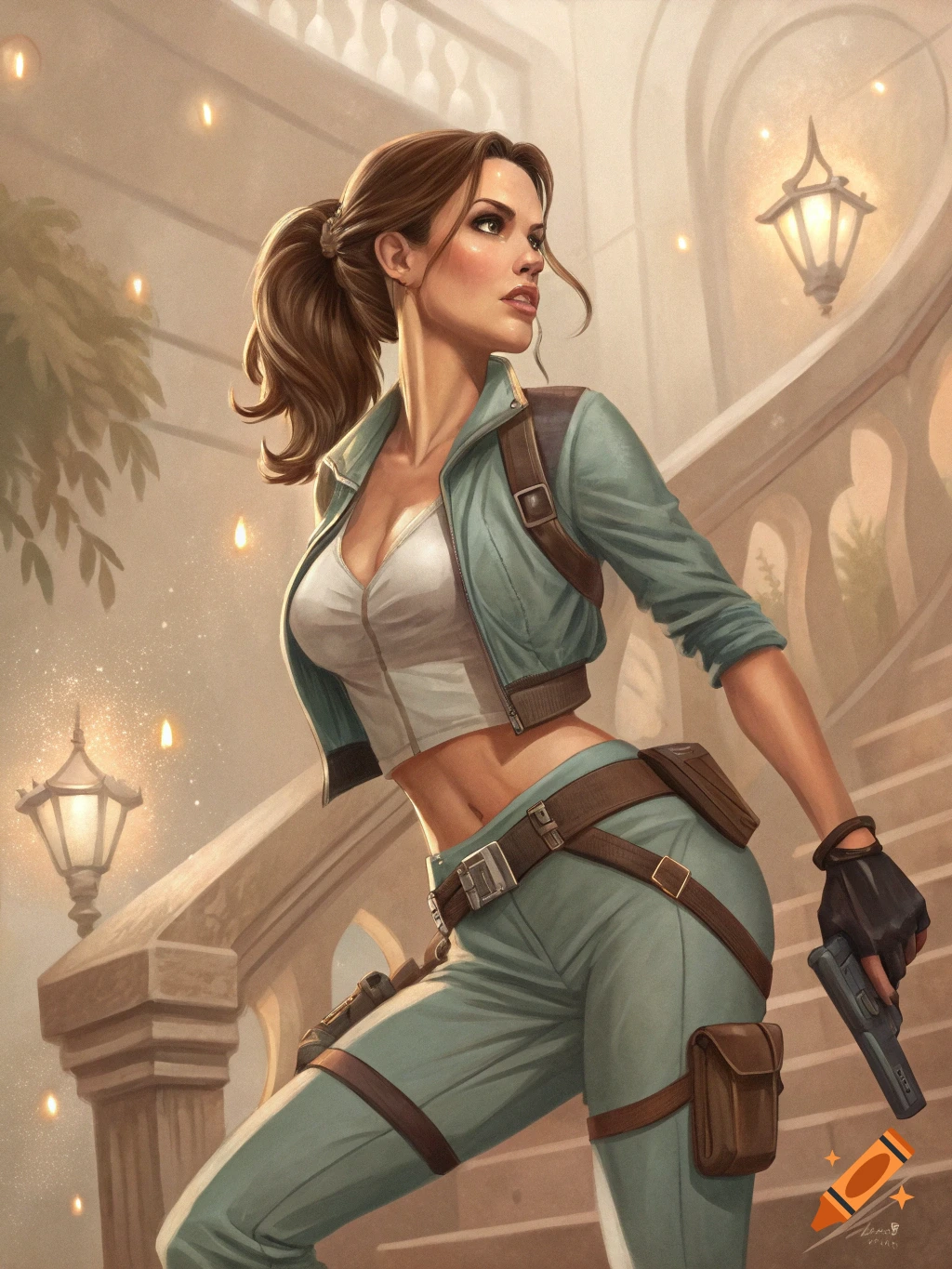 Painting of a woman dressed as Lara Croft, holding a gun, on stairs.