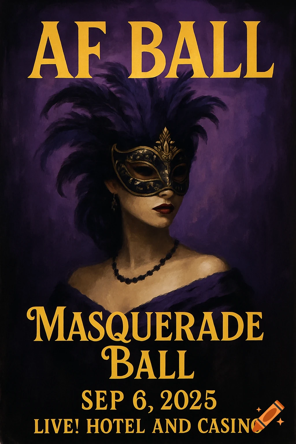 Painting of a woman in a masquerade mask with event text.