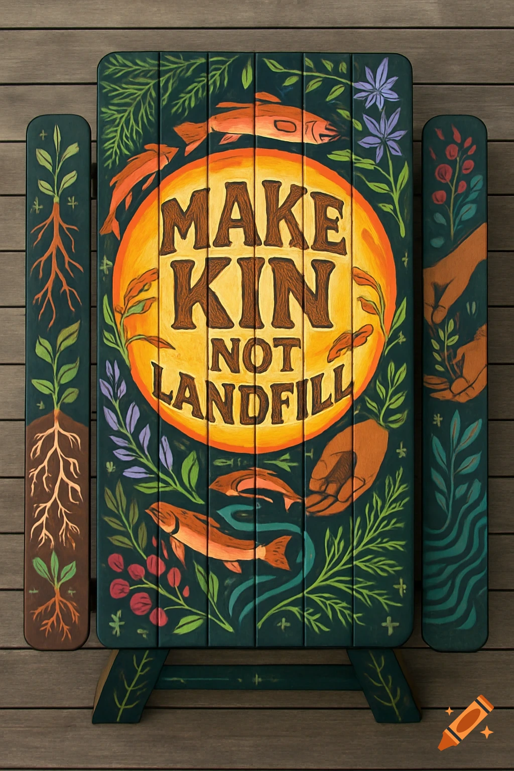 Top-down view of a picnic table mural with 'MAKE KIN NOT LANDFILL' text, roots, plants, fish, and hands.