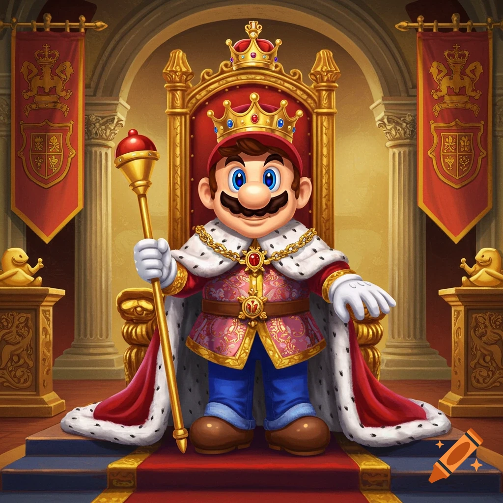 King Mario sitting on a throne in a palace.
