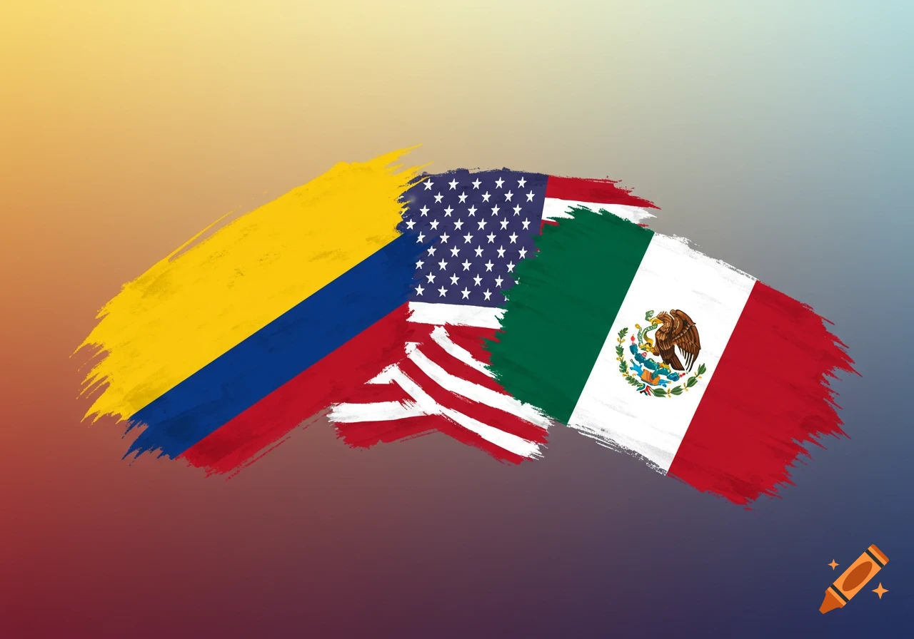 Brush stroke rendition of the flags of Colombia, USA, and Mexico overlapping.