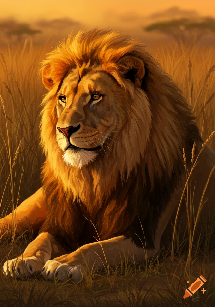 Illustrative portrait of a lion lying in tall grass at sunset.