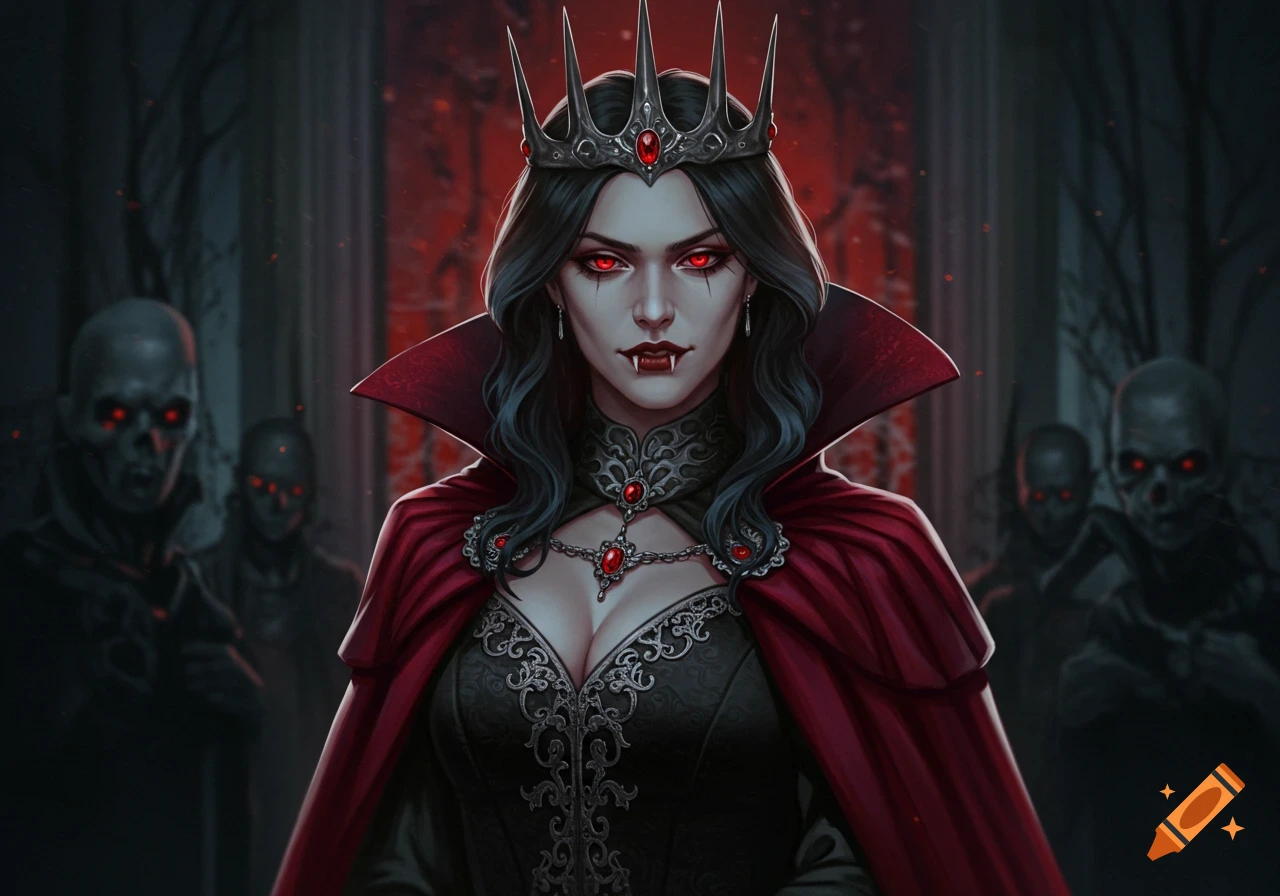 Digital painting of a vampire queen with red eyes and fangs, wearing a crown, red cape, and ornate black dress, shadowy figures in background.