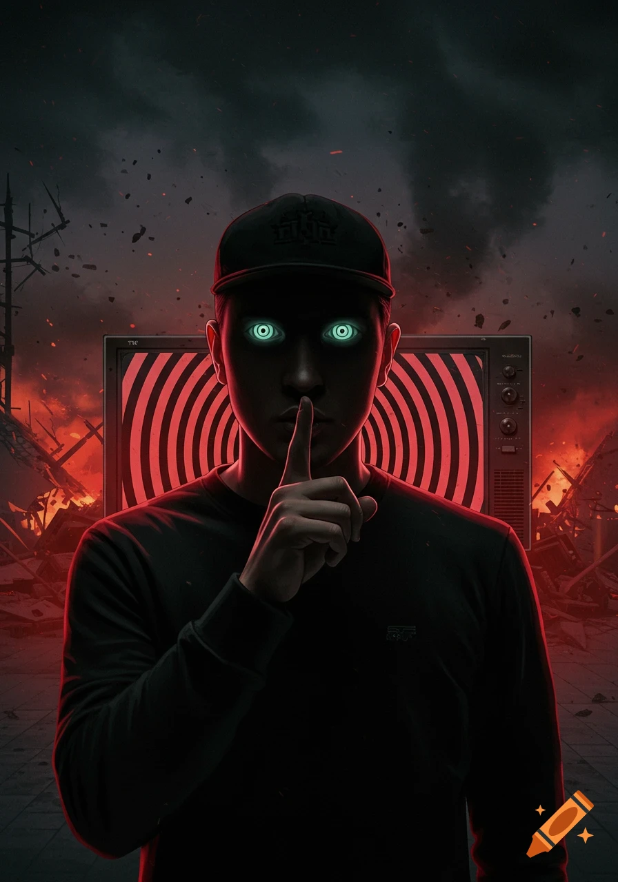 Figure with glowing eyes, finger on lips, before hypnotic TV in a destroyed world