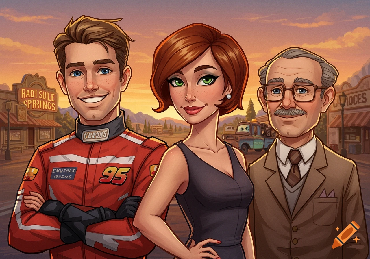 Cartoon illustration of three human characters, two men and one woman, in a town square resembling Radiator Springs from the Cars movie.