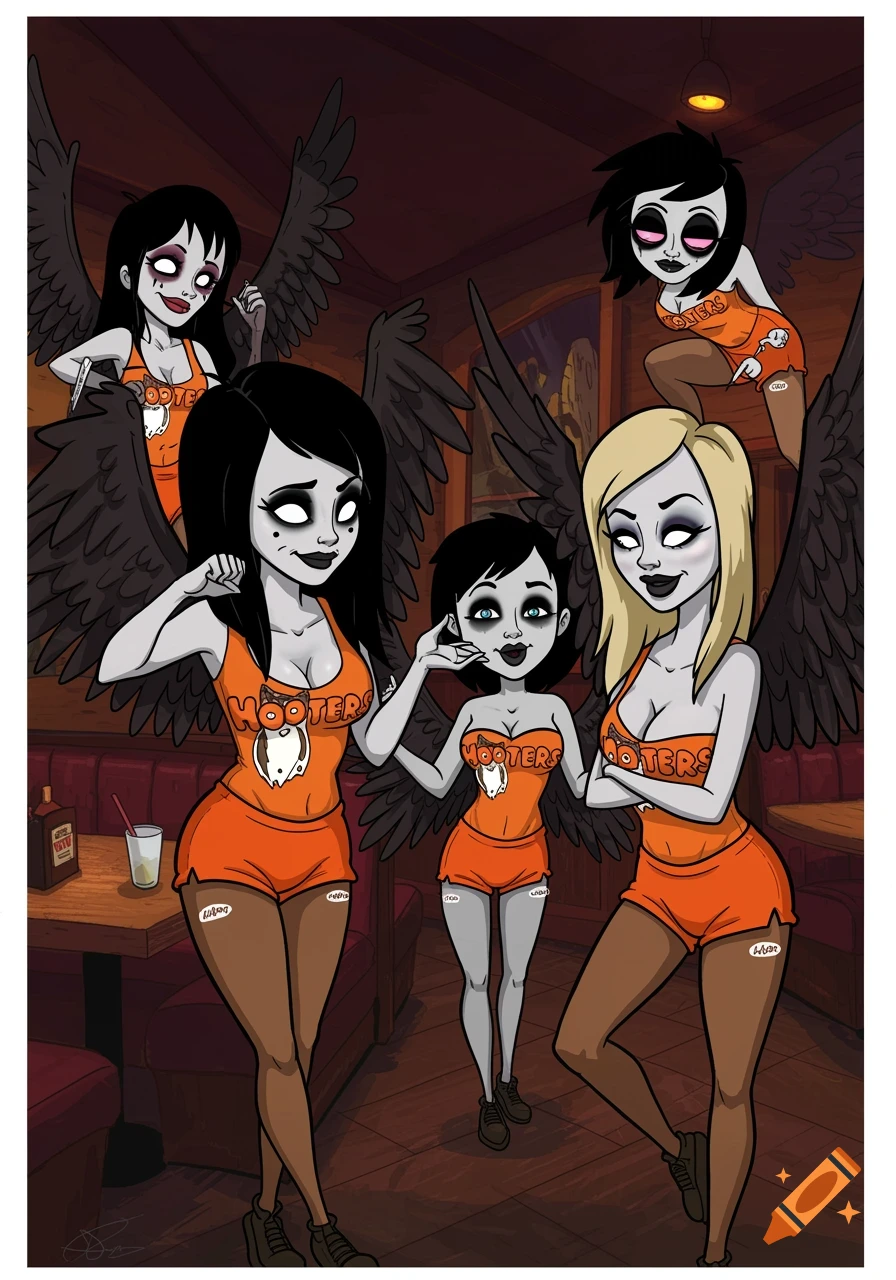 A cartoon illustration of five goth-style women with black wings, wearing orange Hooters outfits, standing in a restaurant.