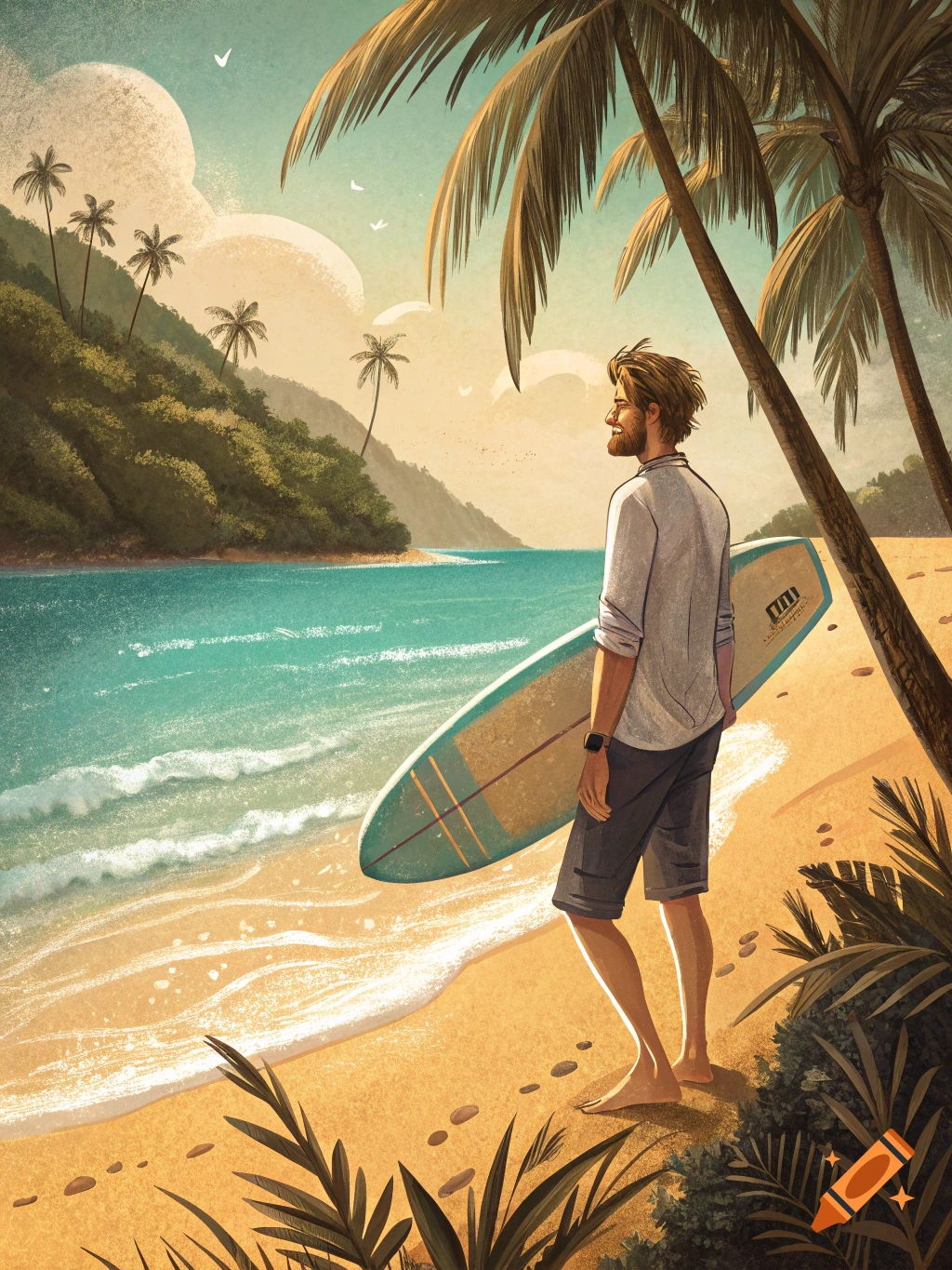 An illustration of a man holding a surfboard on a sandy beach with palm trees and turquoise water.